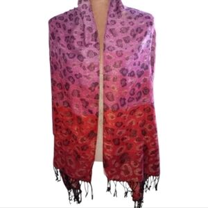 Metallic ~ Leopard Print Red & Black Gradient Fringe Scarf / Wrap~OSFM